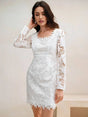 This elegant white lace dress features a flattering fitted silhouette with long sleeves and a delicate scalloped neckline..