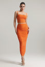 Martina Orange Two Piece Dress Set Rhinestone Detailing Ruched Skirt Elegant Allure
