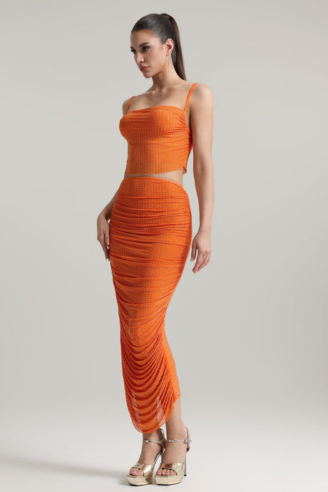 Martina Orange Two Piece Dress Rhinestone Crop Top Ruched Skirt