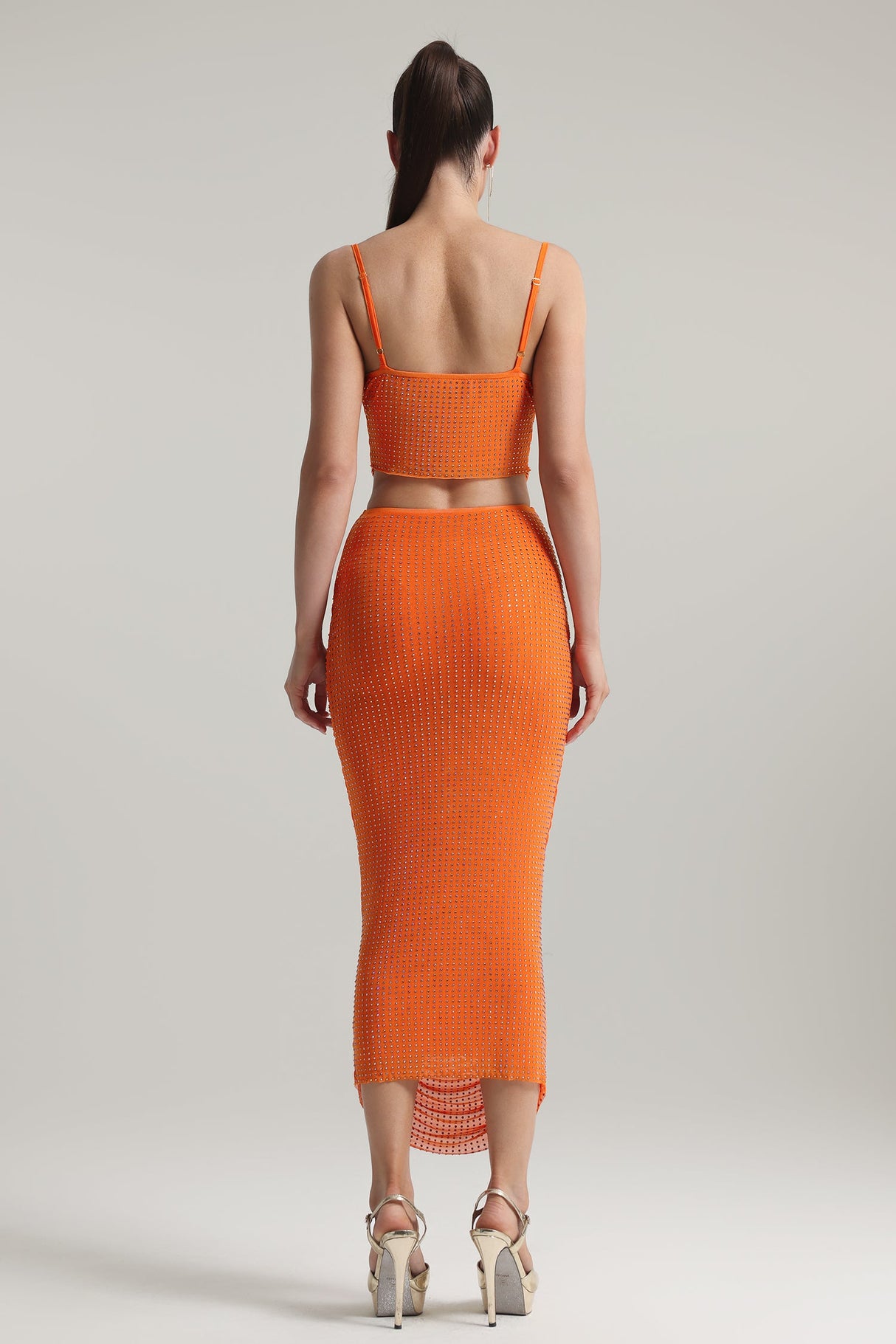 Martina Orange Two Piece Dress with Rhinestone Embellishments