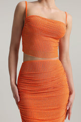 Martina Orange Two Piece Dress with Rhinestone Embellishments and Ruched Skirt