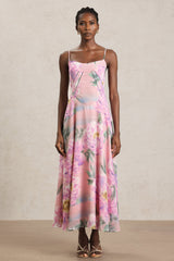 Martina Pink Floral Maxi Dress Halter Neckline Summer Events Casual Outings Lightweight Fabric Dancing Picnic Subtle Detailing Versatile Brunches Evening Gatherings Sandals Heels