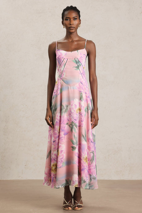 Martina Pink Floral Maxi Dress Halter Neckline Summer Events Casual Outings Lightweight Fabric Dancing Picnic Subtle Detailing Versatile Brunches Evening Gatherings Sandals Heels