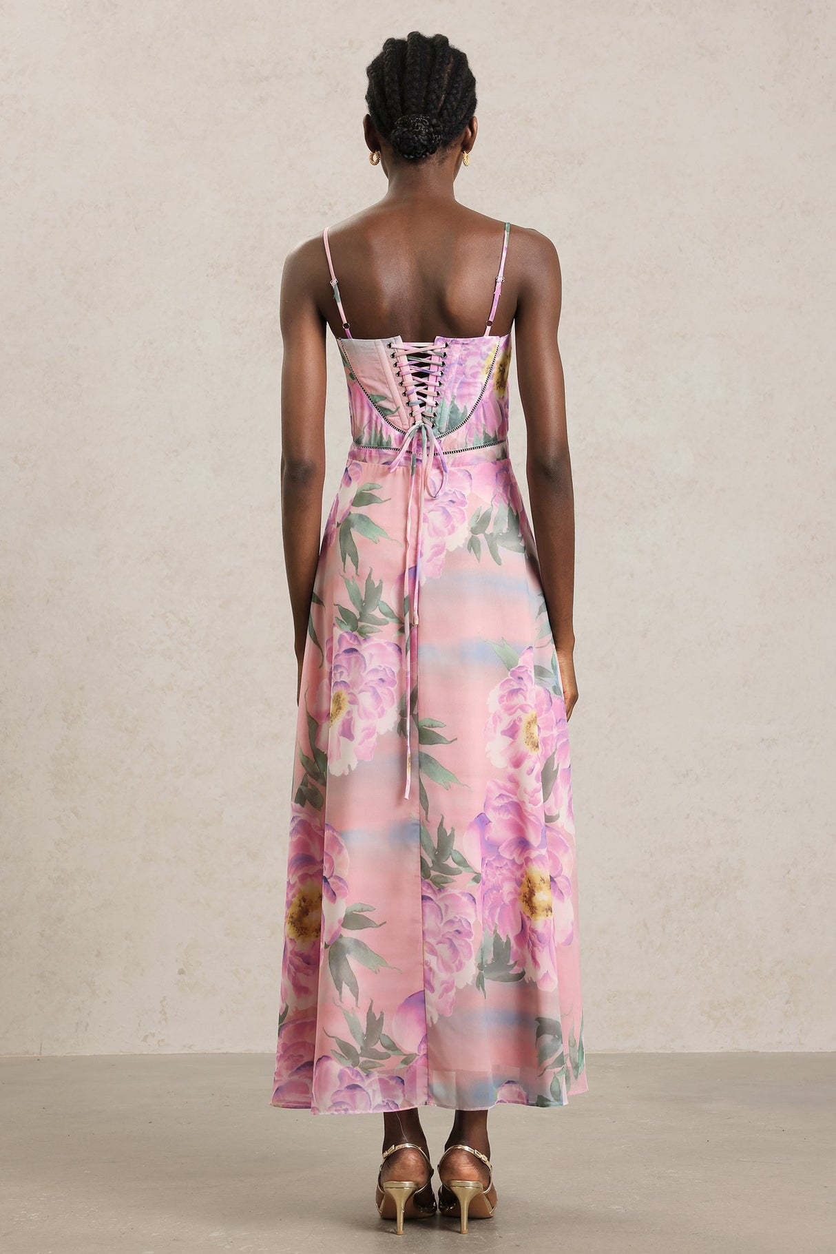 Martina Pink Floral Maxi Dress Halter Neckline Lightweight Fabric