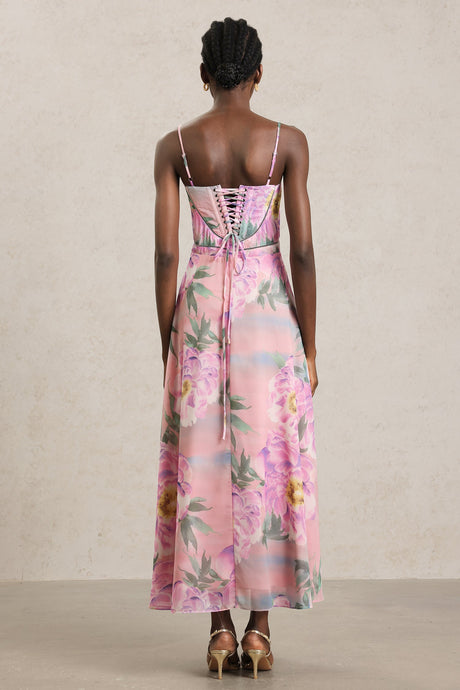 Martina Pink Floral Maxi Dress Halter Neckline Lightweight Fabric