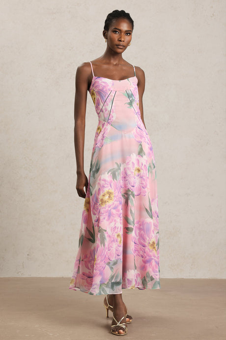 Martina Pink Floral Maxi Dress Halter Neckline Lightweight Fabric Elegant Comfortable Versatile
