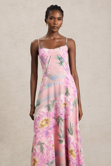 Martina Pink Floral Maxi Dress Halter Neckline Lightweight Fabric Elegant Comfortable Summer Events Casual Outings Dancing Picnic Versatile Chic Sophisticated Brunches Evening Gatherings Sandals Heels