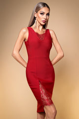 Martina Red Lace V-Neckline Contour Midi Dress