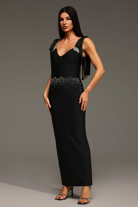 Mary Black Sleeveless Maxi Dress with Bow Detailing and Beaded Waist