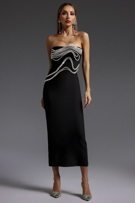 Mary Black Sleeveless Maxi Dress with Diamond Detailing and Wavy Design