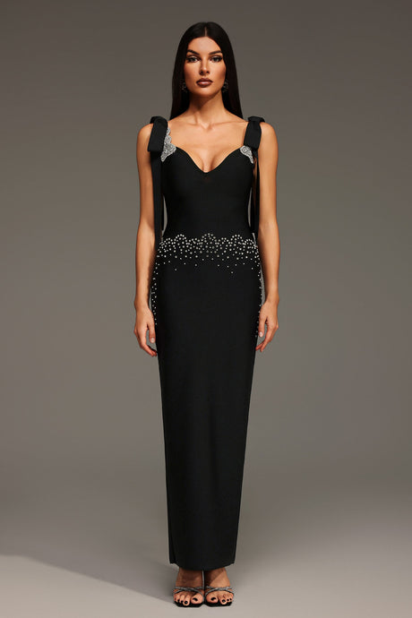 Mary Black Sleeveless Maxi Dress with V-Neckline and Bow Detailing