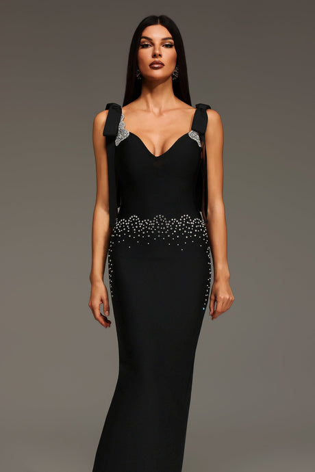 Mary Black Sleeveless Maxi Dress V-neckline Bow Detailing Body-hugging Silhouette Beaded Waist Formal Occasions Timeless Design Luxurious Feel