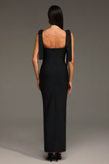 Mary Black Sleeveless Maxi Dress with V-Neckline and Bow Detailing
