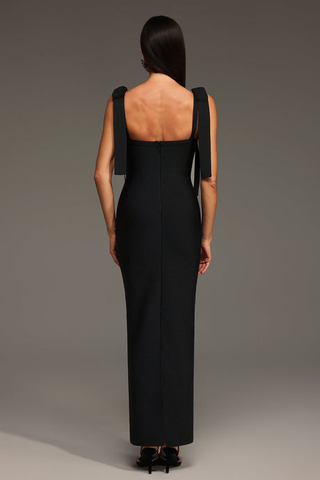 Mary Black Sleeveless Maxi Dress with V-Neckline and Bow Detailing
