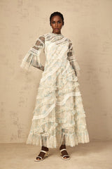 Mary Maxi Dress Blue Floral Ruffled Tulle Polka - dot Print