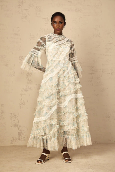 Mary Maxi Dress Blue Floral Ruffled Tulle Polka - dot Print