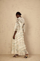 Mary Maxi Dress Blue Floral Ruffled Tulle Polka - dot Print