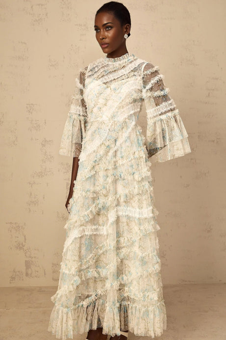 Mary Maxi Dress Blue Floral Ruffled Tulle Polka - dot Print