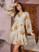 Mary Midi Dress - Stand Collar - Bishop Sleeve - High Waist - Floral Pattern - Elegant Style