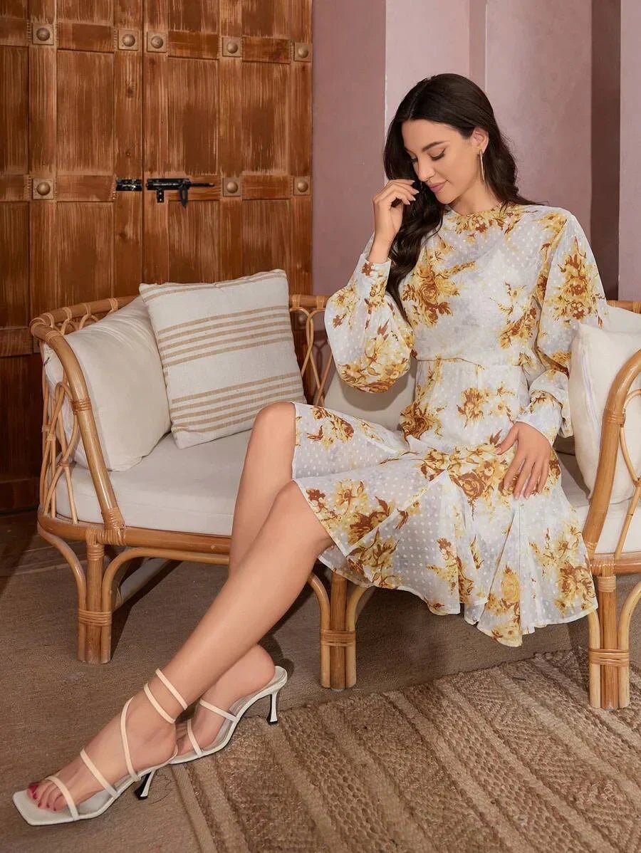 Mary Midi Dress - Stand Collar - Bishop Sleeve - High Waist - Floral Pattern - Elegant Style