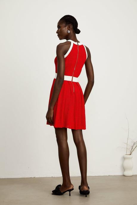 Mary Mini Dress Mary Red Pointelle Trim Button Accent & Pleated