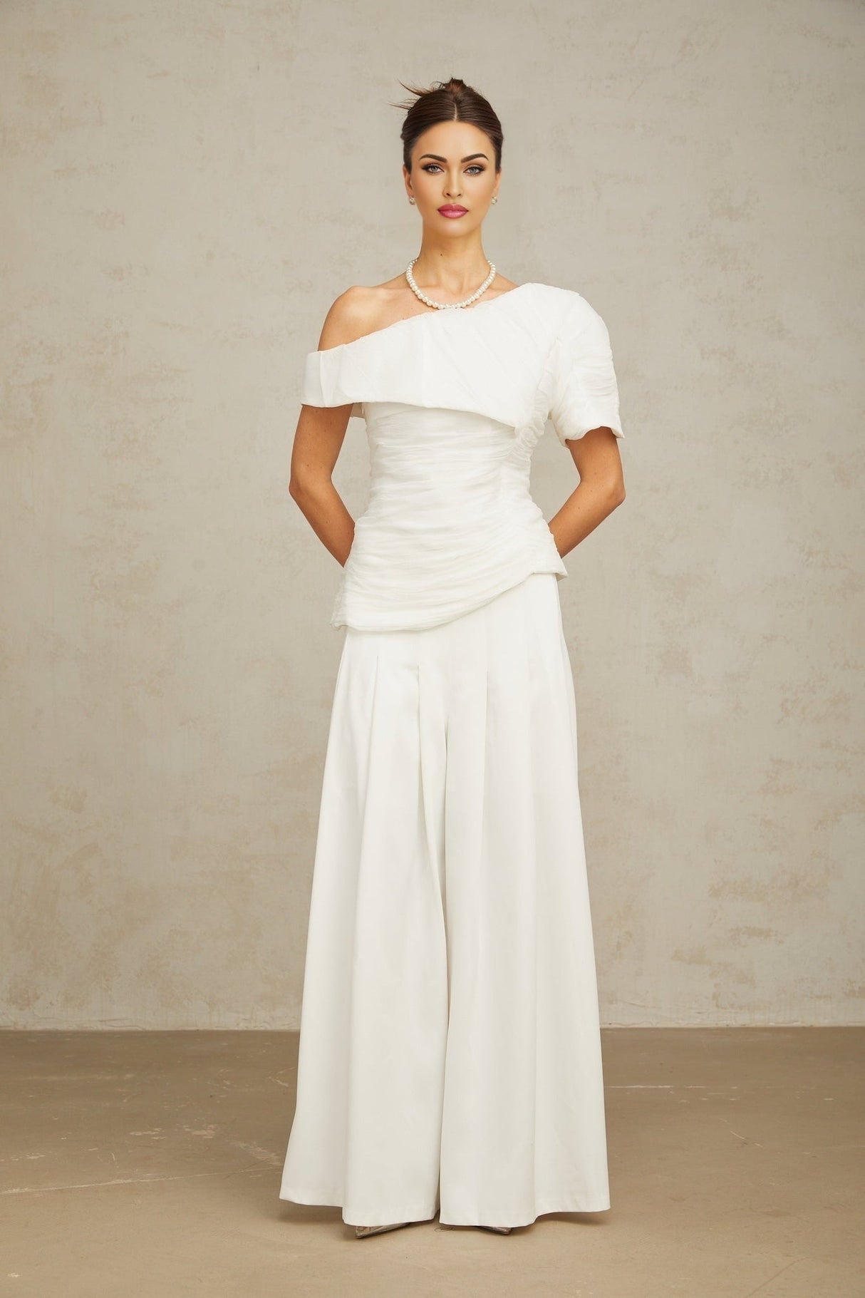 Mary Top & Trousers White Asymmetric One Shoulder Matching