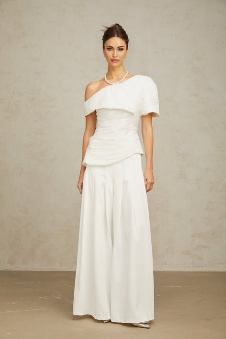 Mary Top & Trousers White Asymmetric One Shoulder Matching