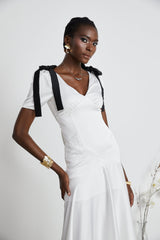 Mary White & Black Contrast Maxi Dress with V - Neck and Puff Sleeves