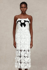 Mary White Lace Floral Maxi Dress with Black Velvet Ribbon