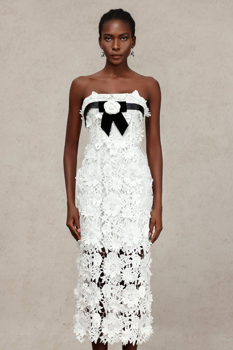 Mary White Lace Floral Maxi Dress with Black Velvet Ribbon
