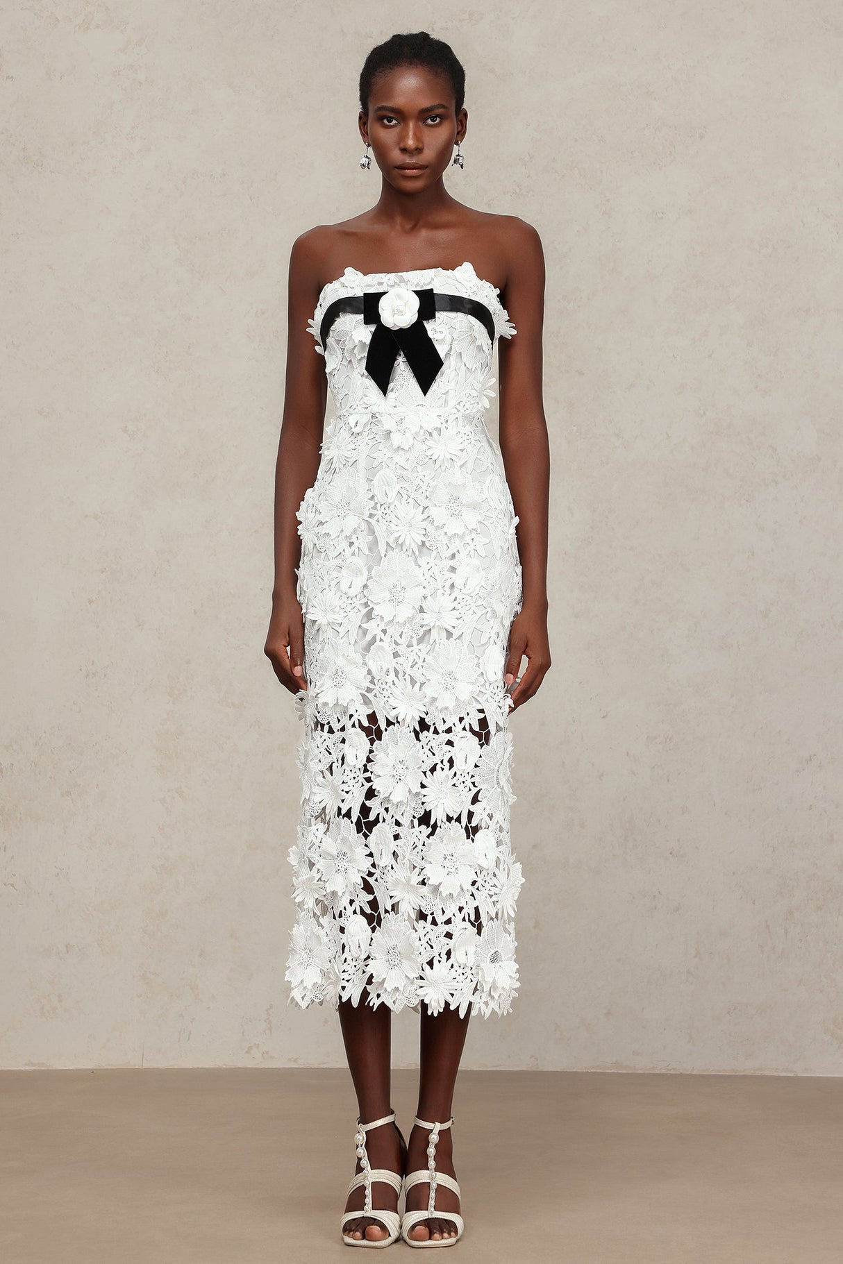 Mary White Lace Floral Maxi Dress with Black Velvet Ribbon and Floral Appliqués