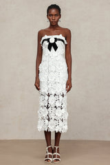 Mary White Lace Floral Maxi Dress with Black Velvet Ribbon and Floral Appliqués