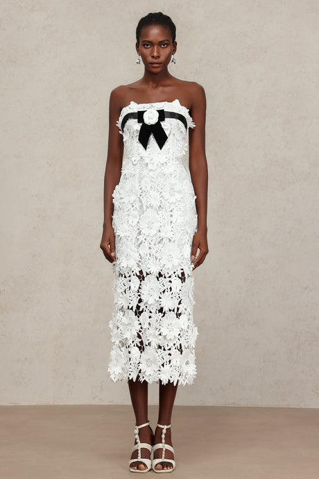 Mary White Lace Floral Maxi Dress with Black Velvet Ribbon and Floral Appliqués