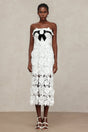 Mary White Lace Floral Maxi Dress with Black Velvet Ribbon and Floral Appliqués