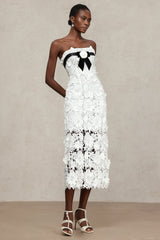 Mary White Lace Floral Maxi Dress with Black Velvet Ribbon and Floral Appliqués