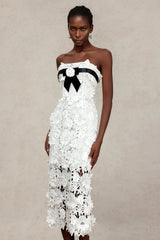 Mary White Lace Floral Maxi Dress with Black Velvet Ribbon and Floral Appliqués