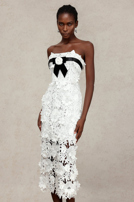 Mary White Lace Floral Maxi Dress with Black Velvet Ribbon and Floral Appliqués