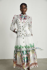 Massimiliana Floral Midi Dress with Puff Sleeves & Belted Waist in White