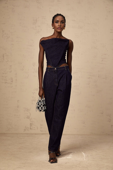 Massimiliana Jeans Blue High Rise Pleated Detail Wide Leg