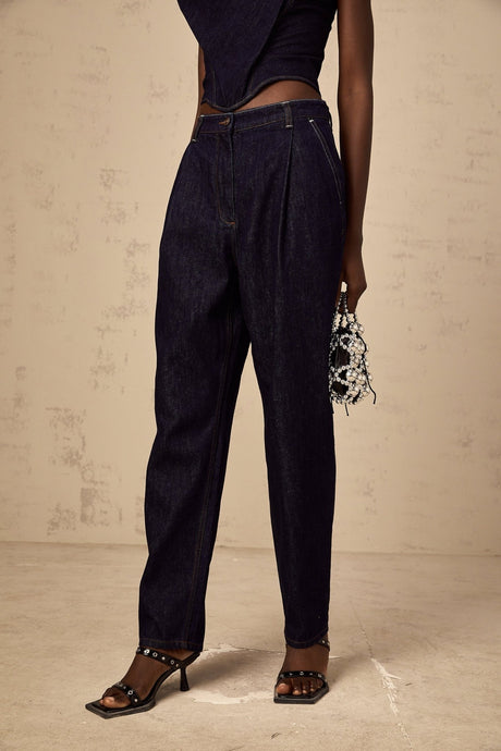 Massimiliana Jeans Blue High Rise Pleated Detail Wide Leg