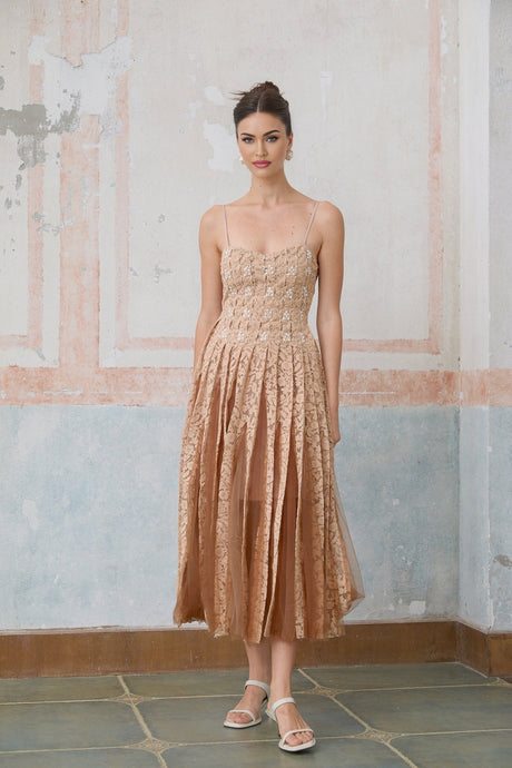 Matching set featuring a crochet lace cardigan and dress in neutral tones named Axelle