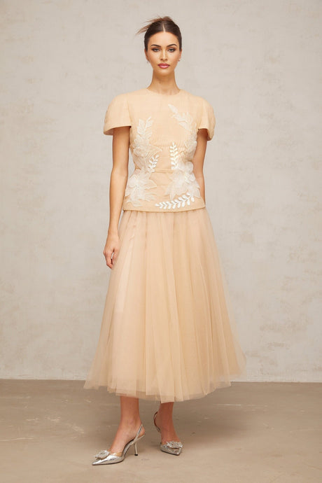 Matching set with floral tulle top and skirt featuring delicate floral appliques in a romantic and feminine design