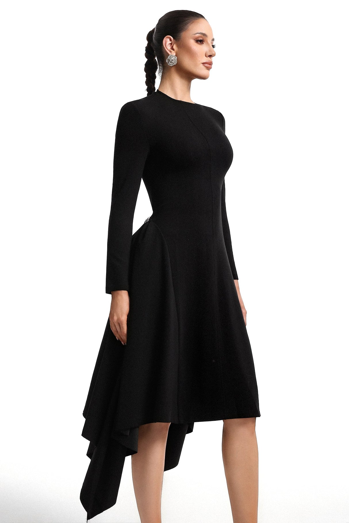 Matilde Black High-Low Hemline Long Sleeve Dress