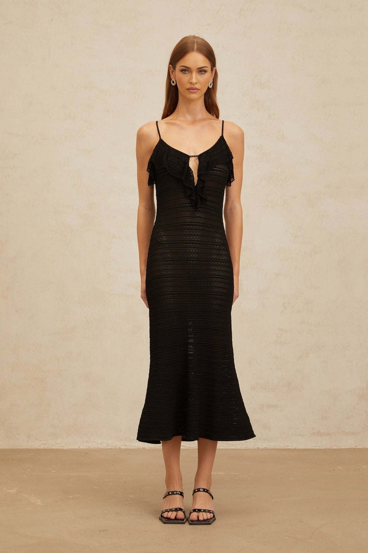 Matilde Midi Dress - Scoop Neck - Sleeveless - Crochet Knit - Cut - Out Detailing - Ruffled Trim