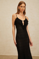 Matilde Midi Dress - Scoop Neck - Sleeveless - Crochet Knit - Cut - Out Detailing - Ruffled Trim