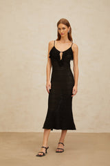 Matilde Midi Dress - Scoop Neck - Sleeveless - Crochet Knit - Cut - Out Detailing - Ruffled Trim