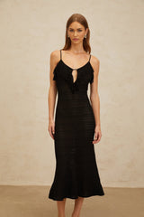 Matilde Midi Dress - Scoop Neck - Sleeveless - Crochet Knit - Cut - Out Detailing - Ruffled Trim
