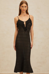 Matilde Midi Dress - Scoop Neck - Sleeveless - Crochet Knit - Cut - Out Detailing - Ruffled Trim