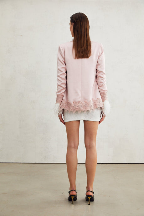 Mattea Jacket Mattea Satin Pink Lacedetail Shoulder Pad Faux Pocket