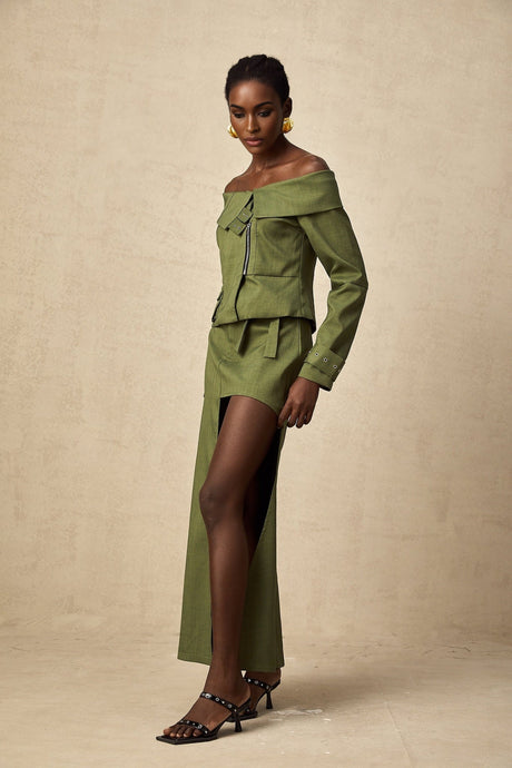 Mattea Jacket & Skirt Green Asymmetric Matching Set